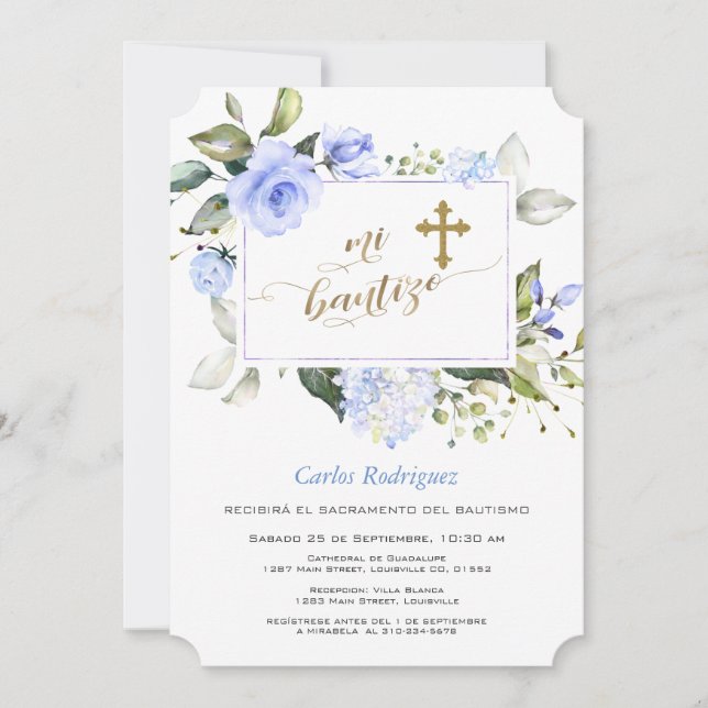 Convites Moldura Floral Azul Dourada Cruz Mi Bautizo (Frente)