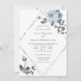 Convites Moldura Floral Azul Dusty De Casamento