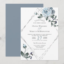 Convites Moldura Floral Azul Dusty De Casamento