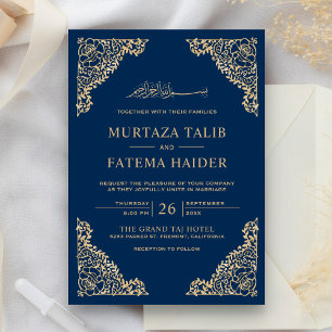 Convites Moldura Floral Azul e Dourada Casamento Islâmico M