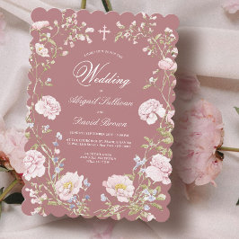 Convites Moldura Floral Blush em Casamento Religioso Rosa D