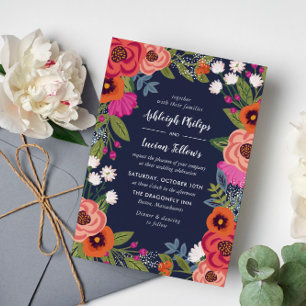 Convites Moldura Floral Boêmia - Casamento Azul Marinho