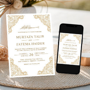 Convites Moldura Floral Branca e Dourada Casamento Islâmico