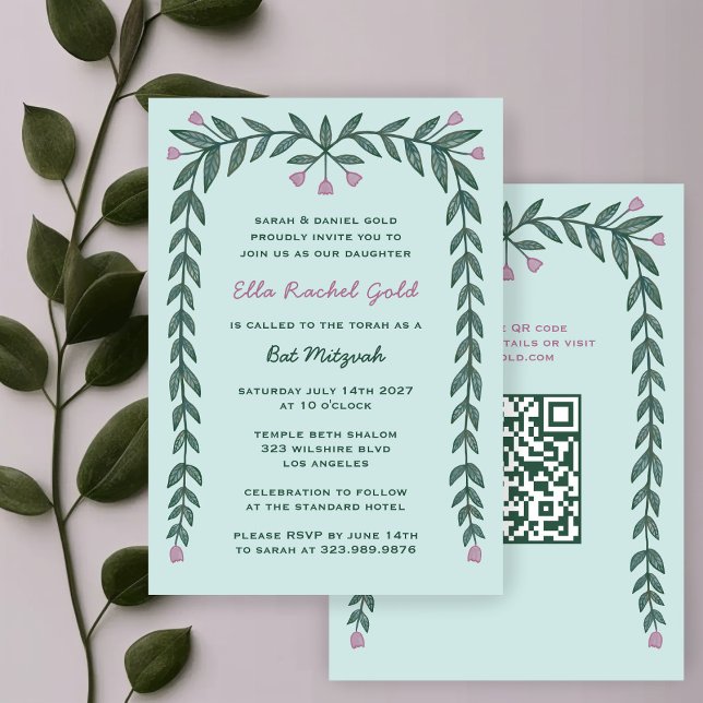 Convites Moldura Floral Código QR Personalizado Garota Bat  (Floral Frame Custom QR Code Bat Mitzvah Girl Invitation
)