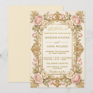 Convites Moldura Floral Creme e Dourado Casamento Islâmico