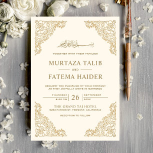 Convites Moldura Floral Creme e Dourado Casamento Islâmico 
