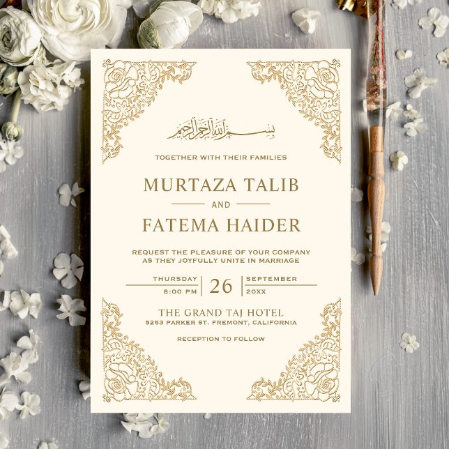 Convites Moldura Floral Creme e Dourado Casamento Islâmico  (Criador carregado)