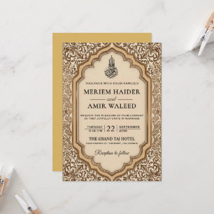 Convites Moldura Floral Creme e Dourado Casamento Islâmico 