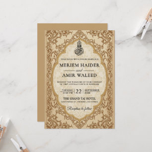 Convites Moldura Floral Creme e Dourado Casamento Islâmico 