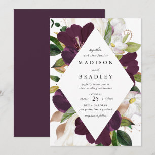 Convites Moldura Floral de Ameixa Escura   Casamento