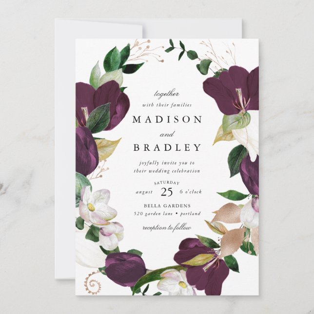 Convites Moldura Floral de Ameixa Escura | Casamento (Frente)