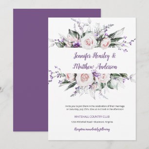 Convites Moldura Floral de Aquarela Roxa e Bege Casamento  