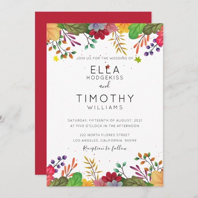 Convites Moldura floral de folhagem de outono colorida (Frente/Verso)