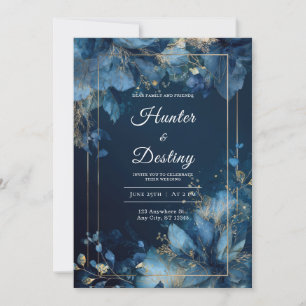 Convites Moldura Floral Dourada Azul Meia-Noite Luxuosa Inv
