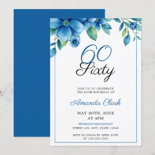 Convites Moldura Floral Elegante Blue Watercolor 60º Aniver
