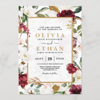 Convites Moldura Floral Elegante Magnólia Burgundy Verde