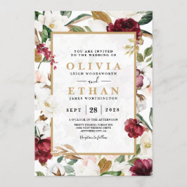 Convites Moldura Floral Elegante Magnólia Roxa Folhagem