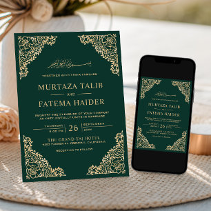 Convites Moldura Floral Esmeralda Dourado Casamento Islâmic