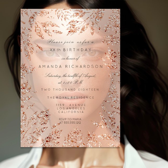 Convites Moldura Floral Folhas Brilho Rosa Dourado Cristal (Pink Rose Gold Glitter Leafs Floral Frame Crystal Invitation)