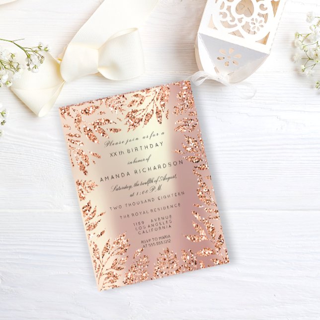Convites Moldura Floral Folhas com Brilho Rosa Dourado Péro (Pink Rose Gold Glitter Leafs Floral Frame Pearly Invitation)