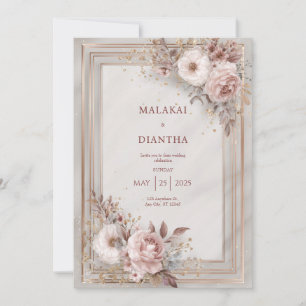 Convites Moldura Floral Luxuosa Rosa Bege Dourado Casamento