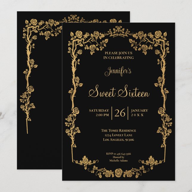 Convites Moldura Floral Ornata Dourada Sweet 16 (Frente/Verso)