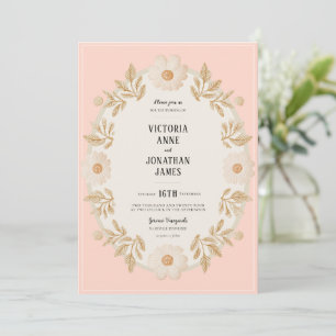 Convites Moldura Floral Pêssego Creme Foto Casamento