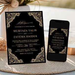 Convites Moldura Floral Preta e Dourada Casamento Islâmico