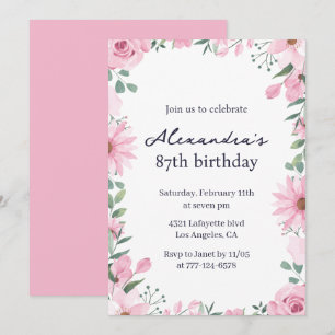 Convites Moldura Floral Rosa 87º aniversário