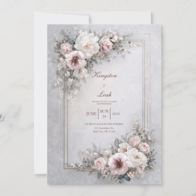 Convites Moldura Floral Rosa Bege Luxo Dourada Casamento (Frente)