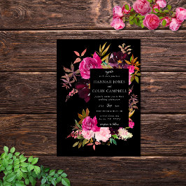 Convites Moldura Floral Rosa-Rosa-Borgonha Preta Elegante