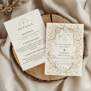 Convites Moldura Floral Vintage Romântica Dourada + Detalhe
