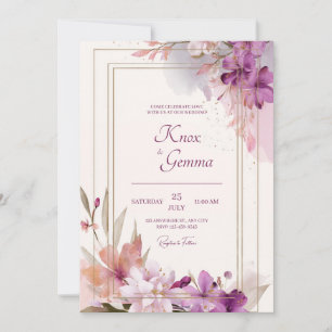 Convites Moldura Floral Violeta Romântico Dourado Casamento