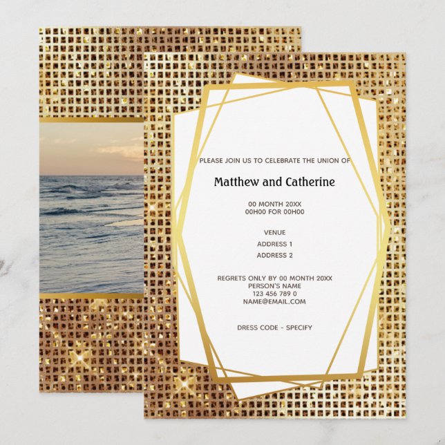 Convites Moldura geométrica de brilho dourado para foto DIY (Frente/Verso)