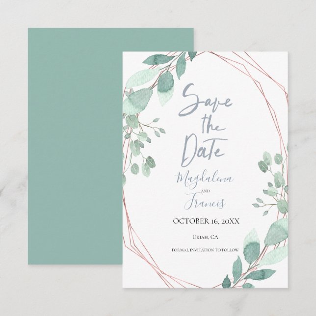 Convites moldura geométrica delicada folhagem salvar a data (Frente/Verso)