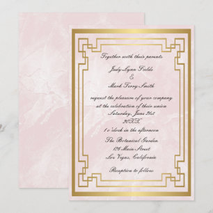 Convites Moldura Geométrica Dourada Casamento Mármore Rosa