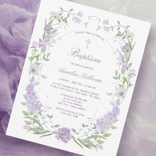 Convites Moldura Lilás Lavanda Floral Batismo Tamanho Peque