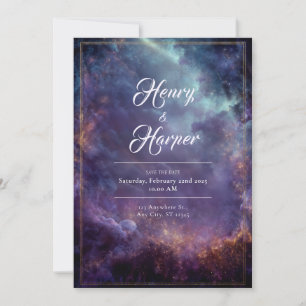 Convites Moldura Luxo Nebulosa Celestial Roxo Dourado Casam