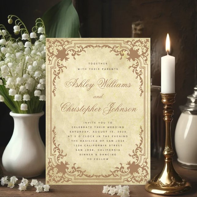 Convites Moldura Ornamentada em Pergaminho Antigo Elegante  (Antique Wedding Invitation with Vintage Background)