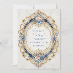 Convites Moldura Oval Rococó Rosa Bege Luxuosa Dourado Azul