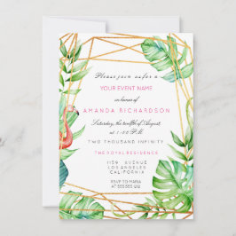 Convites Moldura Poligonal Dourada Tropical Flamingo Stripe