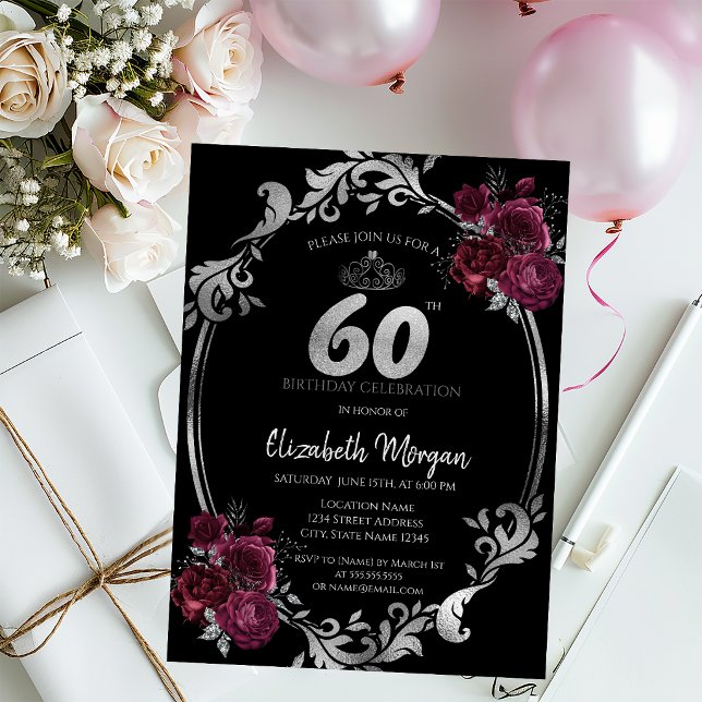 Convites Moldura Prata Rosas Bordeaux Aniversário de 60 ano (Criador carregado)