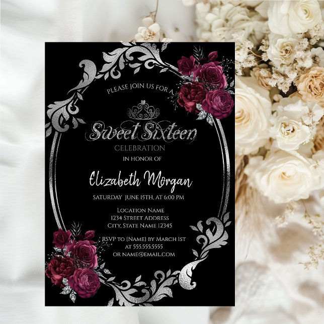 Convites Moldura Prata Rosas Bordeaux Preto Doce 16 (Criador carregado)