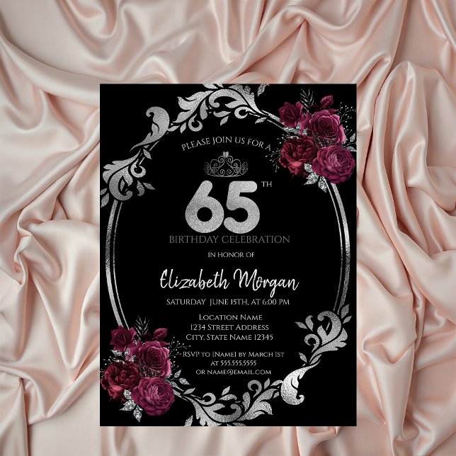 Convites Moldura Prata Rosas Burgundy Preto 65º Aniversário (Criador carregado)