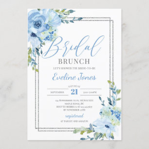 Convites Moldura prateada floral azul moderna Boho Bridal