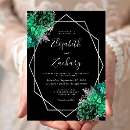 Convites Moldura Prateada Floral Verde Esmeralda Casamento 