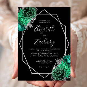 Convites Moldura Prateada Floral Verde Esmeralda Casamento
