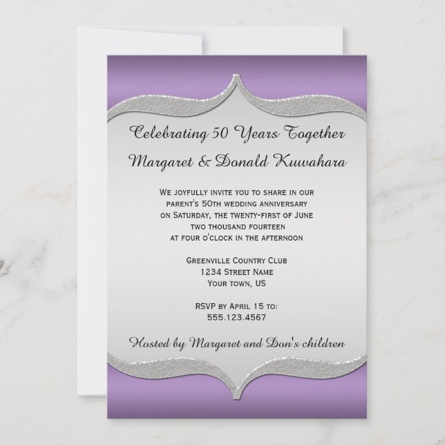 Convites Moldura Prateada Ornamentada Roxa 25º Aniversário (Frente)