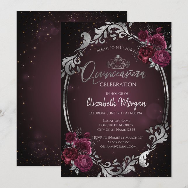 Convites Moldura Prateada Rosas Bordeaux Escuro Quinceañera (Frente/Verso)