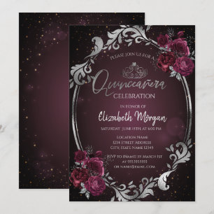 Convites Moldura Prateada Rosas Bordeaux Escuro Quinceañera